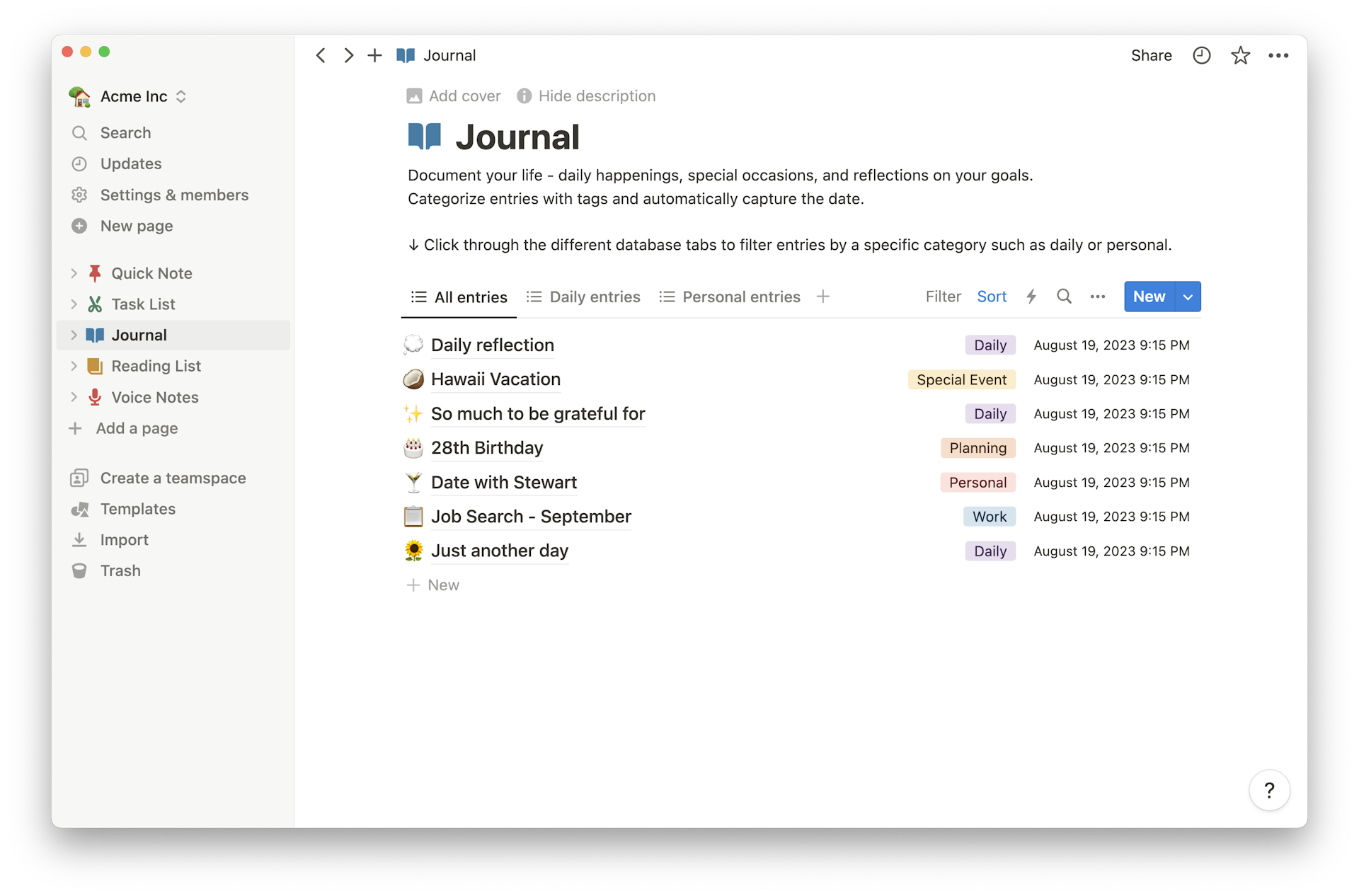 Screenshot of a Journal page in Notion